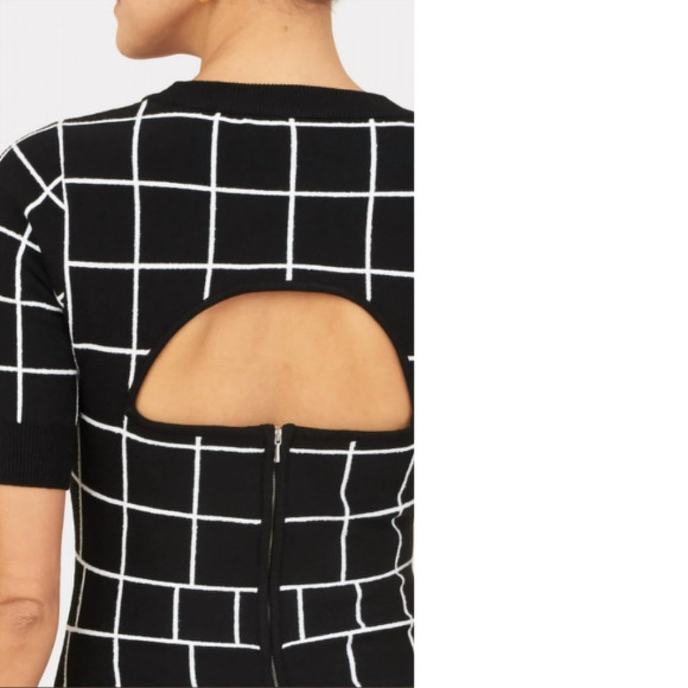 MILLY Black & White Windowpane Knit A-Line Dress – Open Back – Size M - Picture 4 of 16